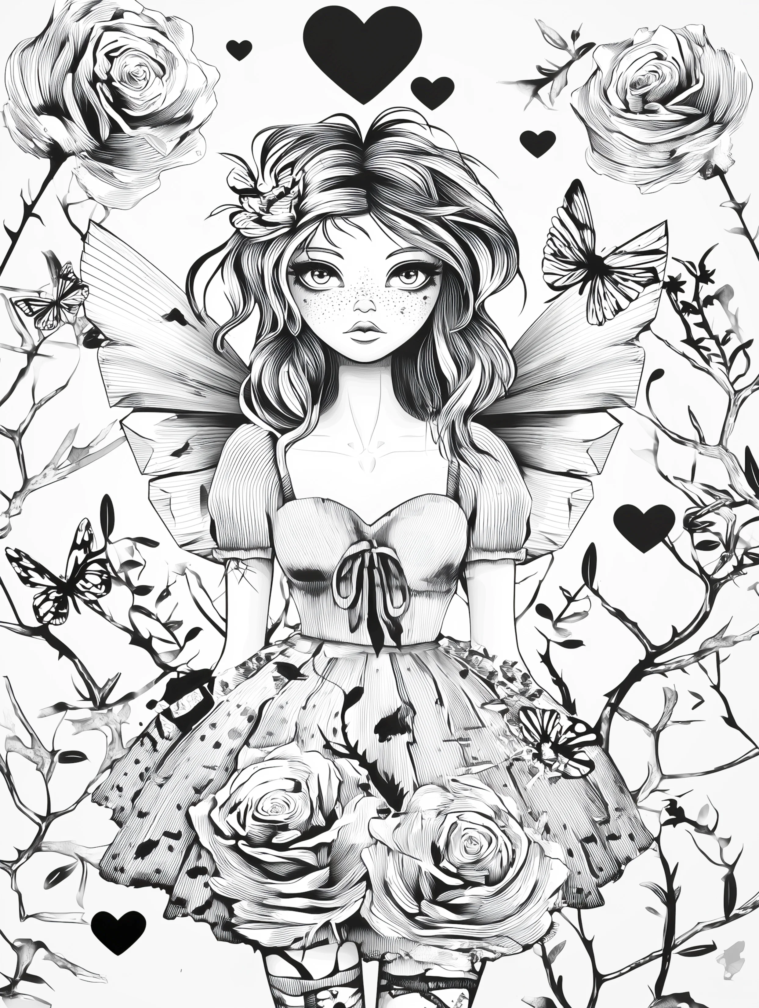 Free printable beautiful fairy coloring page featuring a roses dress fairy